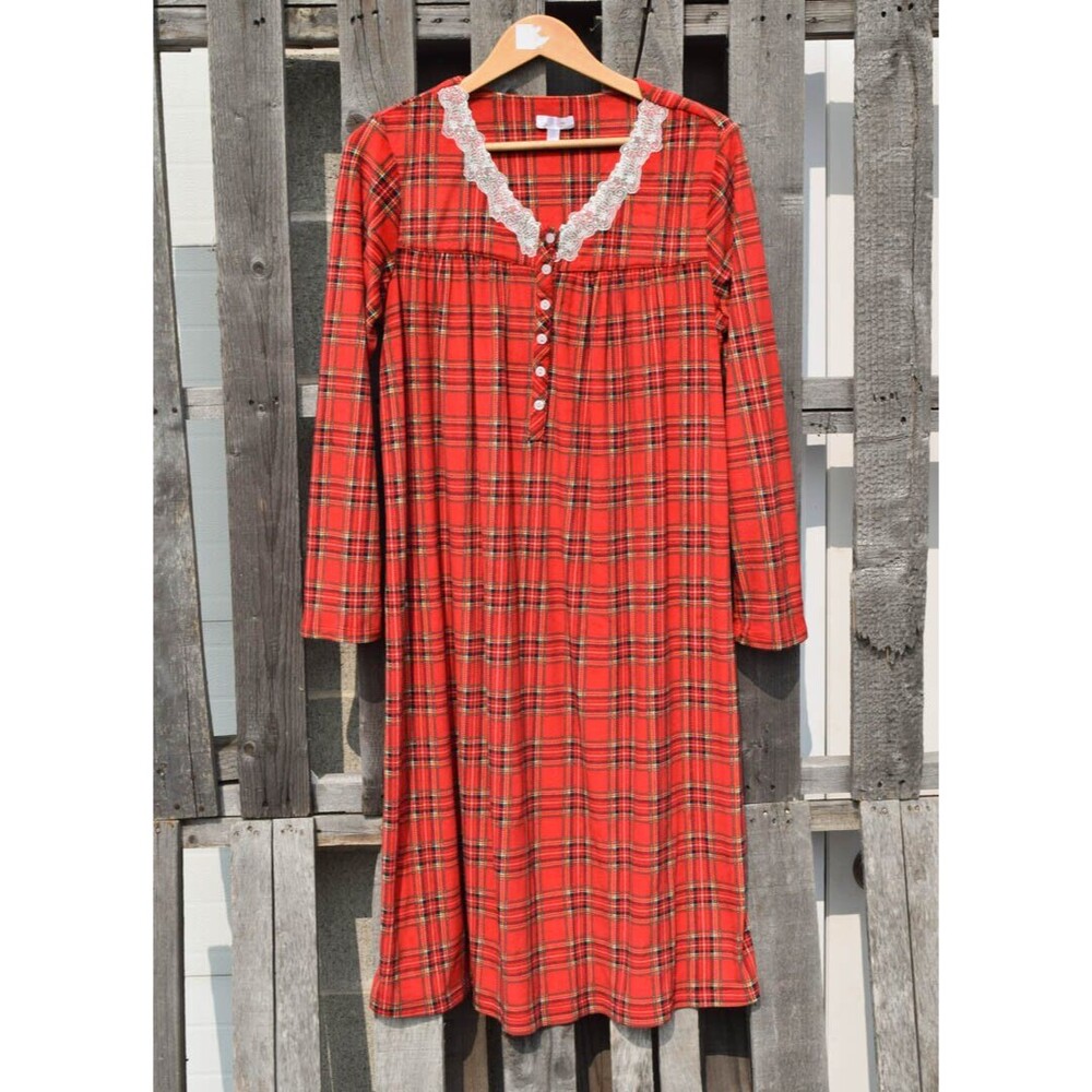 Secret Treasures Red Tartan Plaid Velour Christmas Lace Collar Nightgown Sz M